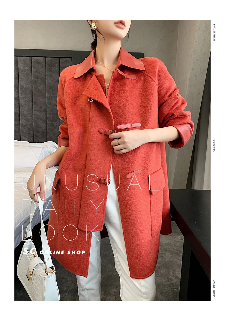 

double-sided Water ripple cashmere coat Women's Mid-length small loose 2020 Autumn and Winter new high-end woolen coat