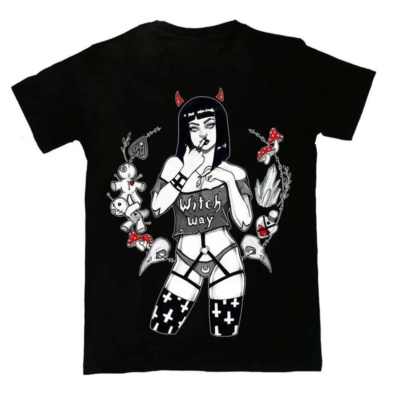 Харадзюку Женская футболка Темный демон с принтом короткий рукав топ тройники