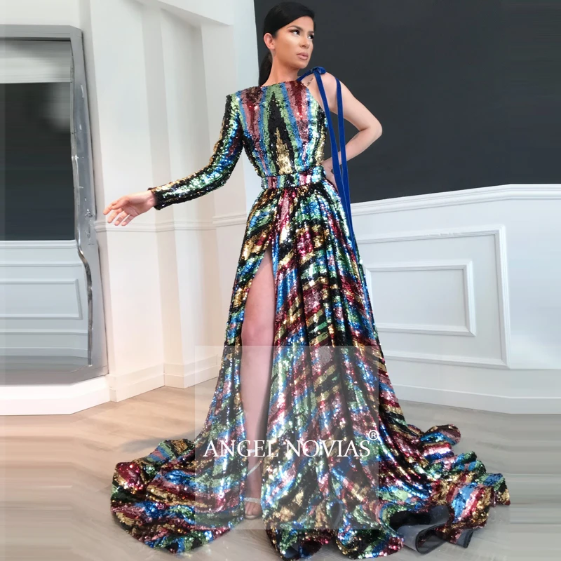 

Long Sleeves One Shoulder Sequins Evening Dress 2020 with Split Formal Gowns 2021 vestido sirena largo