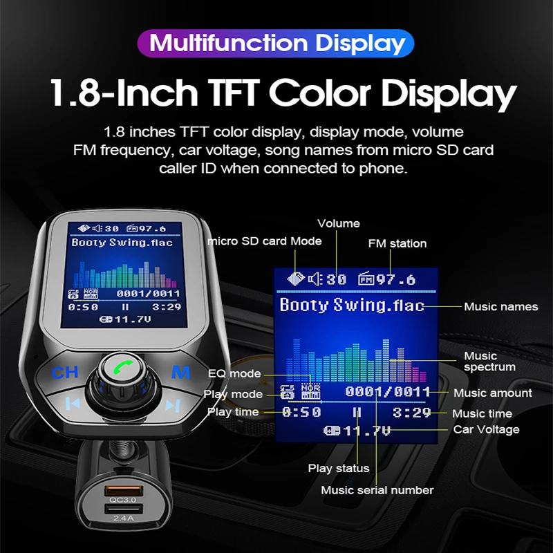Fm передатчик Bluetooth 5 0 1 8 &quotTFT цветной дисплей автомобильный комплект громкой