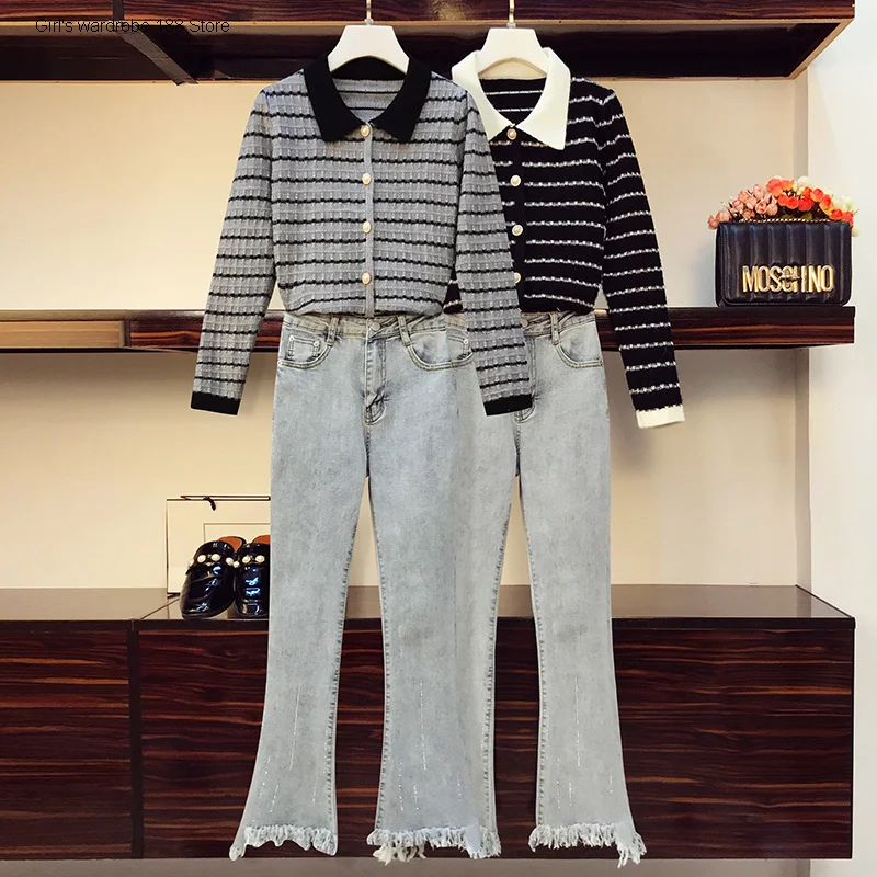 

sister autumn clothing 2020 new large size women's clothing fashionable fashionable age-reducing knitwear jeans two-piece