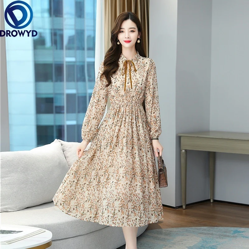

Autumn Elegant Floral Print Midi Dress Women Long-sleeve Bow Pleated Dress Chic High Waist Dress Fashion Bodycon Party Vestidos