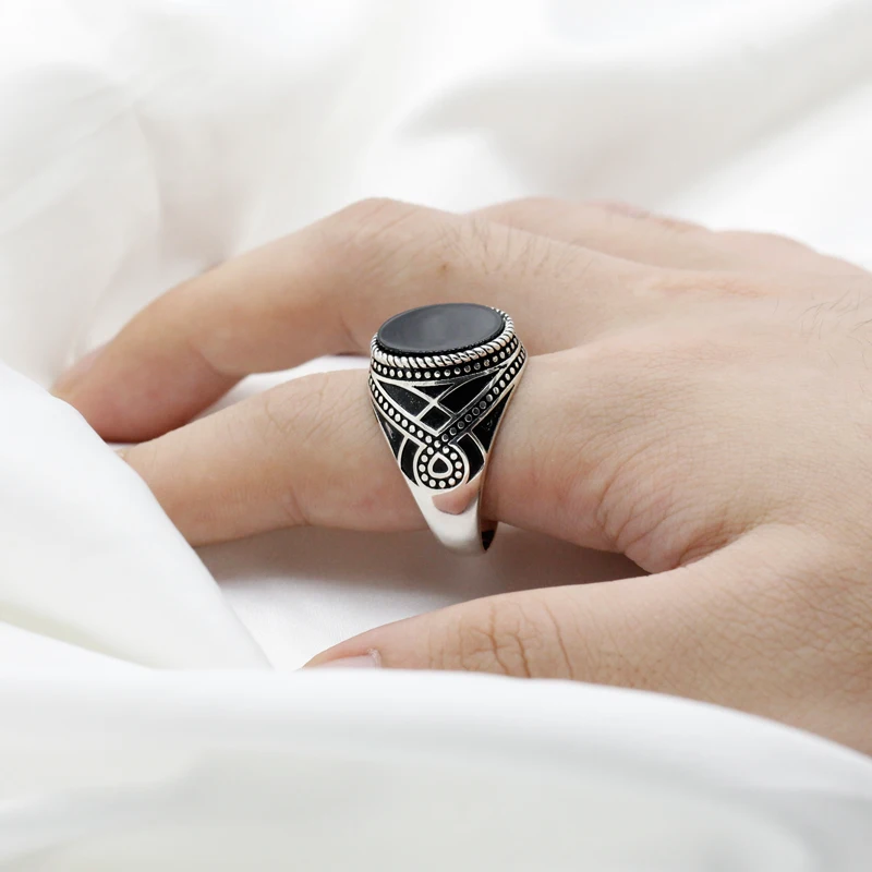 

Vintage 925 Sterling Silver Men Ring with Natural Black Onyx Stone Male Rings Life Crossing Design Turkish Handmade Fine Jewelry