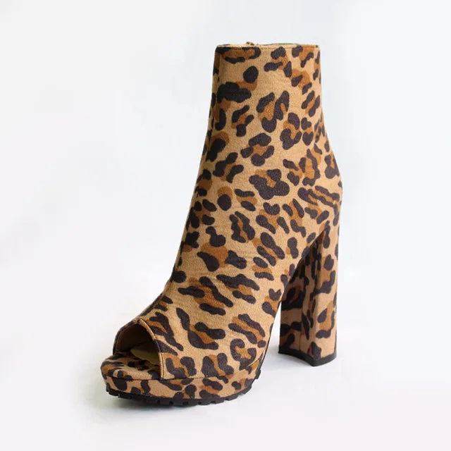 leopard Новые женские ботильоны на молнии с открытым носком; Осенняя Дамская змеиная обувь на платформе с высоким толстым каблуком; женская модная обувь леопардовой расцветки - Цвет: leopard