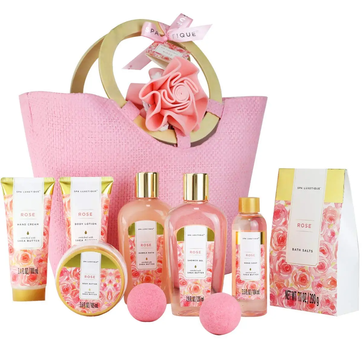 Bath & Body Gift Set for Women, Rose Fragrance Spa Set in Weaved Gift Basket, Bath Set with Bath Salts, Body Butter