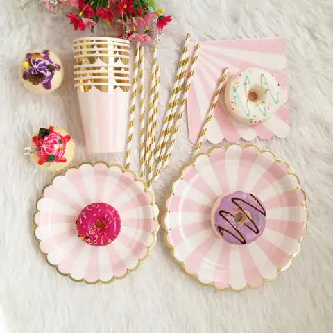Одноразовая бумажная тарелка из розовой фольги, соломенные стаканчики для детского дня рождения, детского душа, крещения, вечеринки, свадьб...