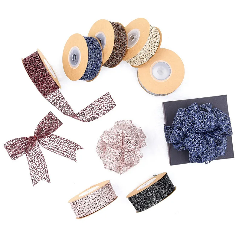 

25mm Mesh Hollow Lace Ribbon Fashion Korean Hair Accessories Bowknot Material with Silver Wire Weaving 5 yards, 10 yards/roll