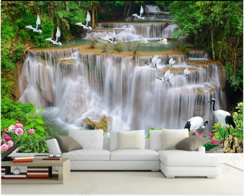 

3d photo wallpaper custom mural Waterfall river forest white crane scenery living room Wallpaper for walls in rolls home decor