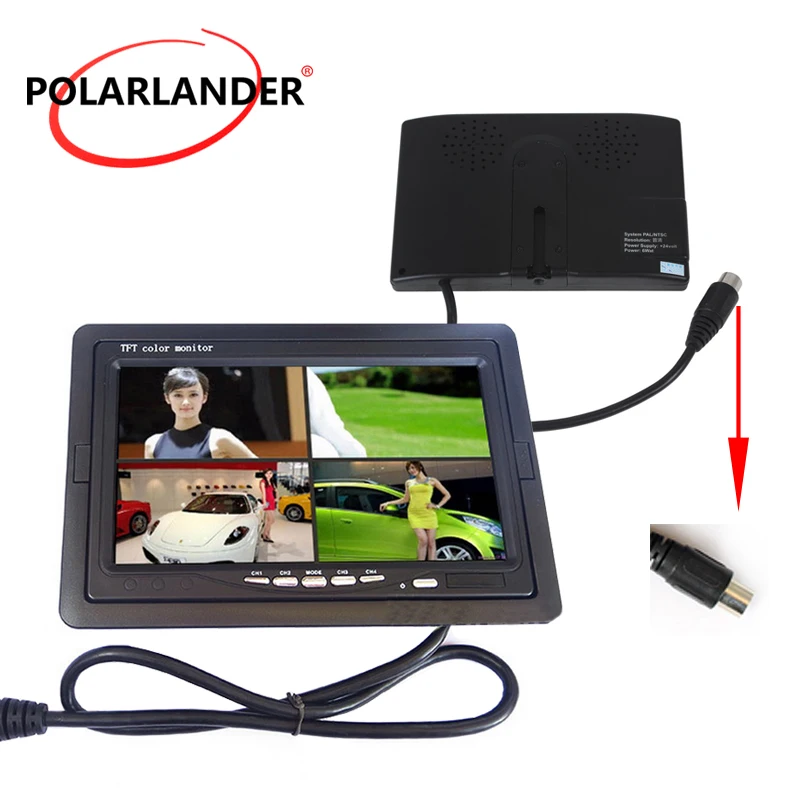 Автомобильный видеомонитор PolarLander DC12V-24V 7-дюймовый ЖК-дисплей 4-канальный
