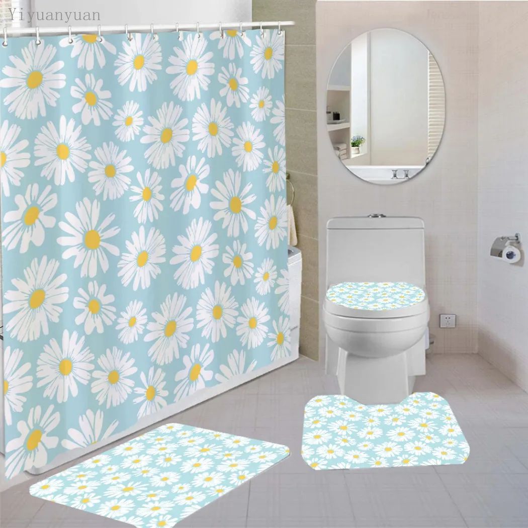 

Набор занавесок для душа с цветочным принтом Маргариток и ковриком, противоскользящий ковер для ванной, экран для туалета, водонепроницаем...