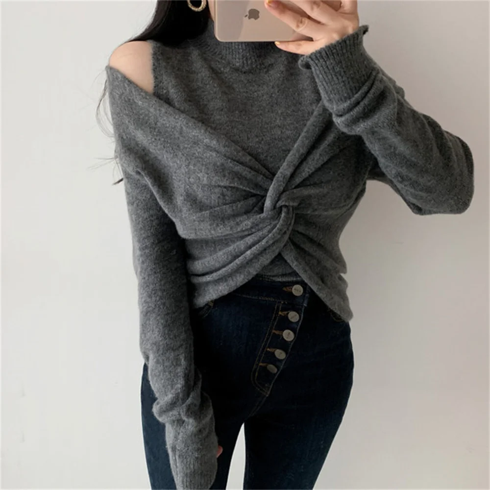 

Новые свитера с ложным воротником и открытыми плечами, комплекты из двух предметов, вязаные пуловеры 한민국, тонкие сексуальные повседневные...