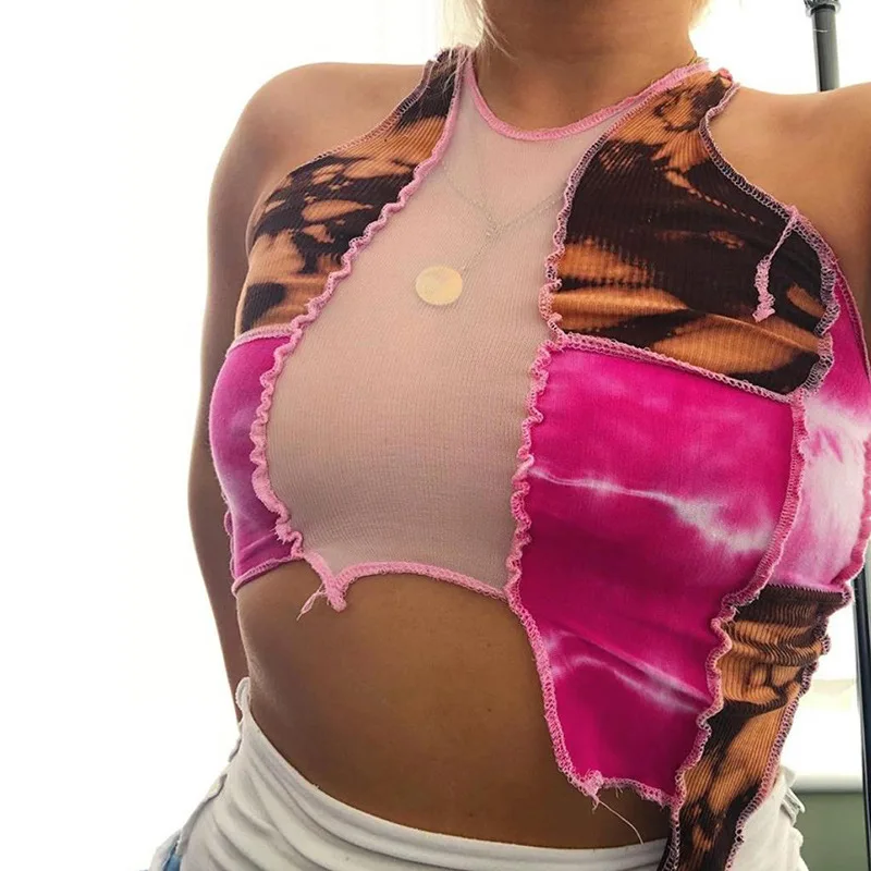 

2021 Summer New Contrast Stitch Sexy Crop Top Women Clothing Colorblock Tie Dye Ribbed Patchwork Mesh Tank Tops