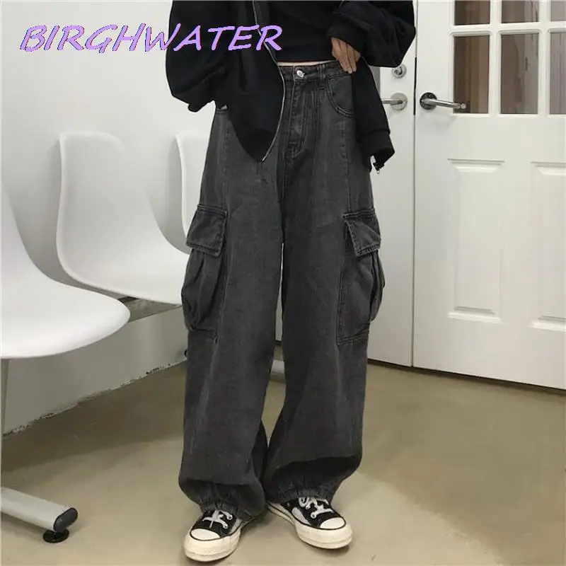 

Autumn Streetwear Gray Baggy Jeans Women Korean Oversized Pockets Cargo Denim Pants Fashion Hip Hop Wide Leg Trousers