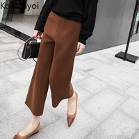 kojizayoi autumn women woolen wide leg pant ankle length fashion office lady solid trousers high waist thicken warm pants chic