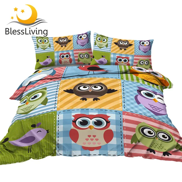 BlessLiving Owl Patchwork Bedding Set Cartoon Bird Bed Cover Striped Duvet Cover 3-Piece Colorful Kids Bedspreads Queen Size 1
