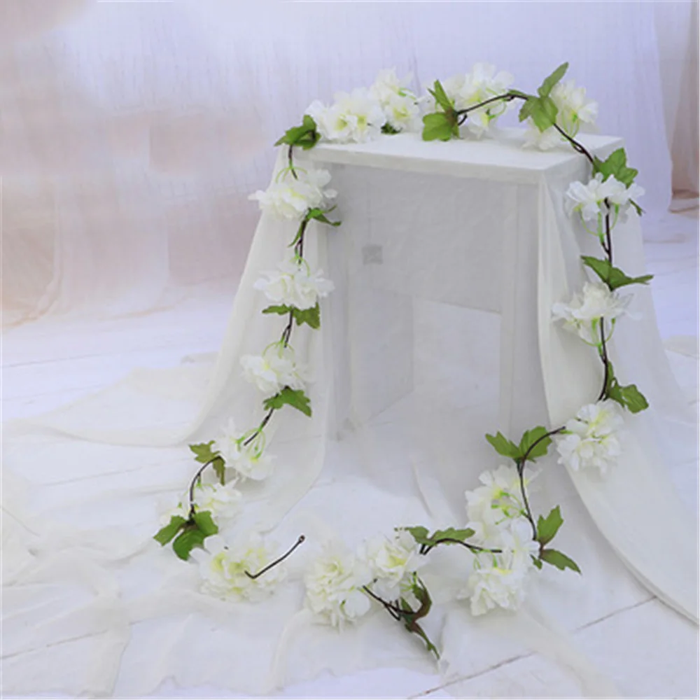 

220cm Artificial Flowers Cherry Blossom Vine Silk Fake Flower Rattan Wall Hanging Vine For Party Home Garden Decor Faux Plants