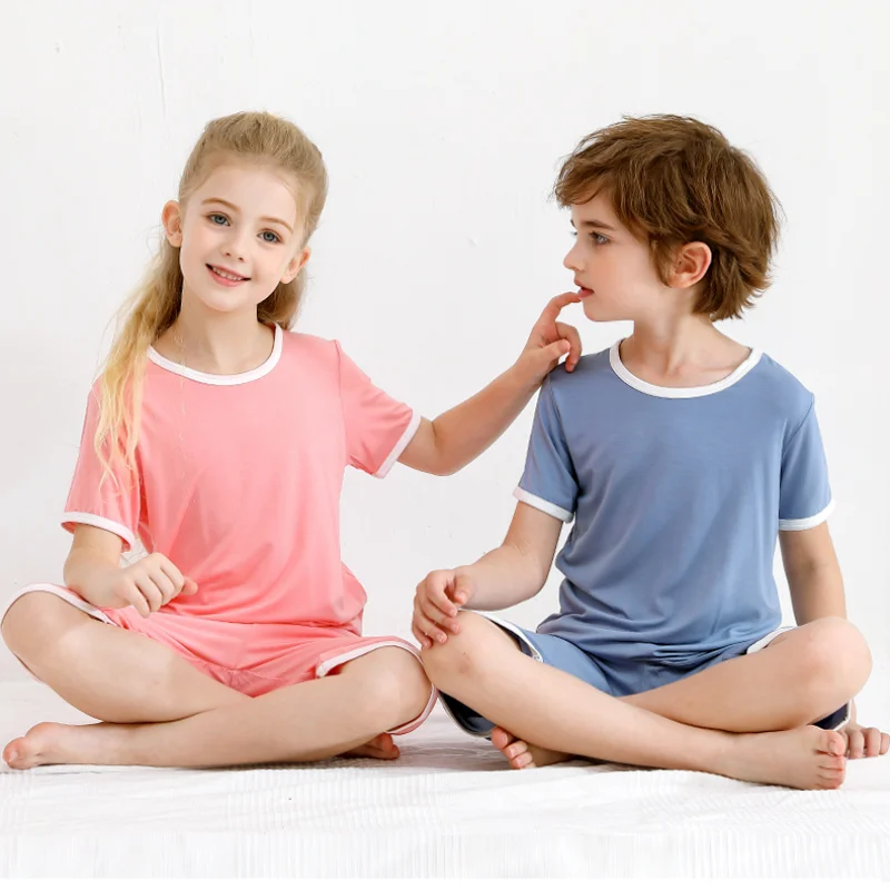 

Children Pajamas Summer Short Sleeve Cotton Girl Boy Sleepwear Set Solid Color Comfort Toddle Boy Nightwear Sleep Clothing