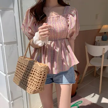 Women Elegant Plaid Blouses Summer Short Sleeve French Style Ruffled Ladies Shirt Tops 2020 1