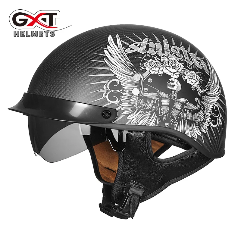 GXT Carbon Fiber half helmet Vintage Men's Motorcycle Retro Women's scooter Punk Skull style Moto casco Dot Casque | Автомобили и