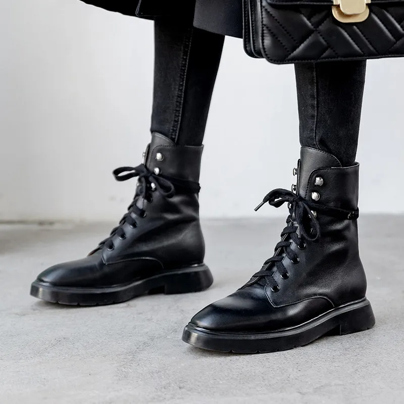 Женские ботильоны на шнуровке FEDONAS Черные Теплые повседневные из натуральной