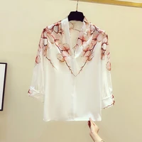 womens spring autumn style chiffon blouses shirt v neck printed three quarter sleeve casual loose tops df3895