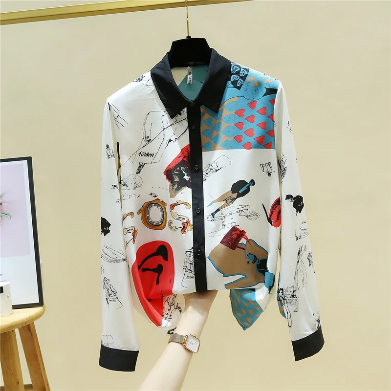 

New Spring Autumn Fashion Women Turn Down Collar Long Sleeve Retro Print Chiffon Shirt Tops High Street Ladies Blouses Shirts
