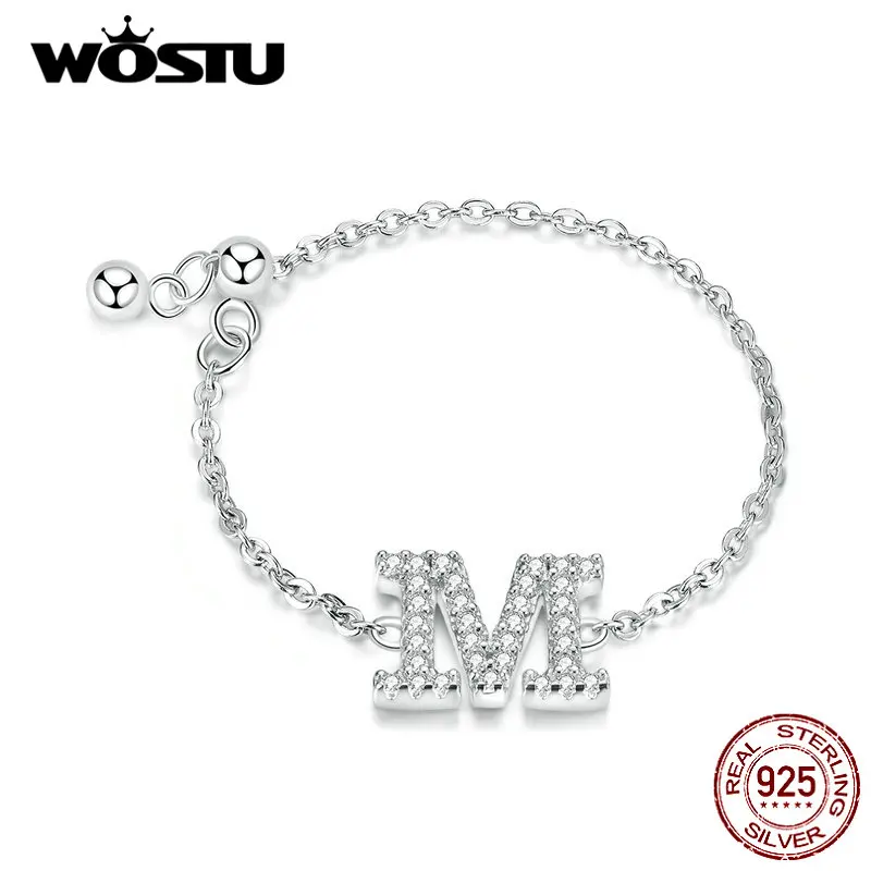 WOSTU, настоящее 925 пробы, Серебряные буквы, а м кольцо, циркон, регулируемое, 8 см., звено цепи, кольца с буквами алфавита, палец для женщин, ювелирные изделия CQR601