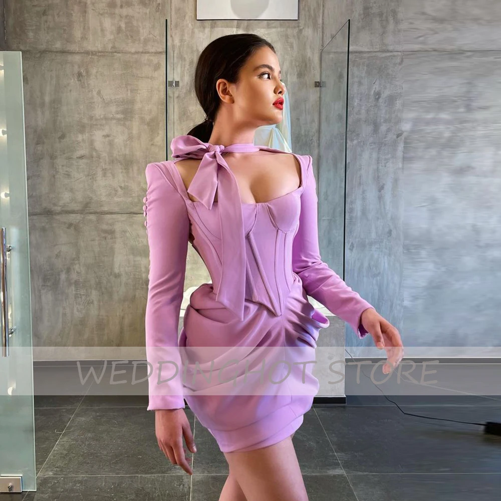 

Square Collar Evening Dresses Short 2021 Women Elegant Ball Gowns Purple Simple Long Sleeve Mermaid Celebrity robes de soire
