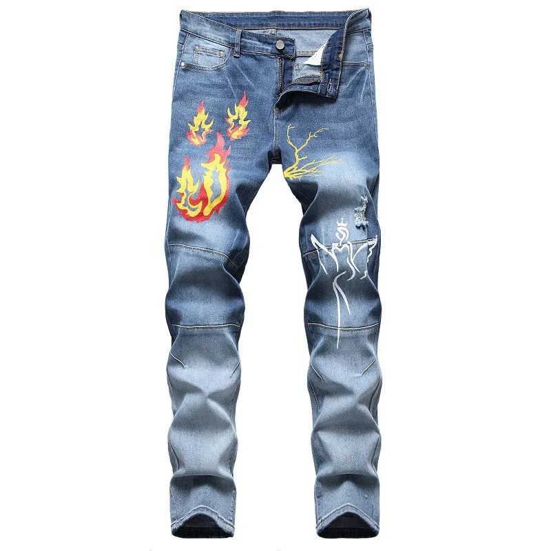 

MORUANCLE Men's Hi Street Printed Jeans Pants Fashion Streetwear Stretchy Painted Denim Trousers Washed Blue Big Size 29-42