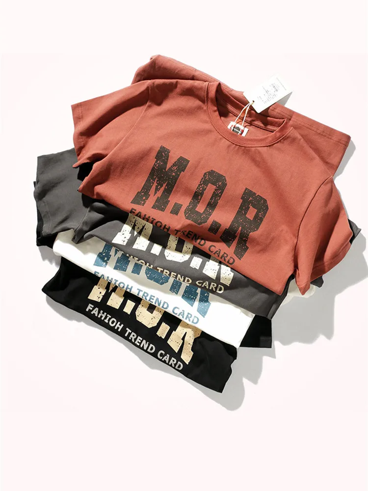

Summer Heavyweight American Style Retro Simple Short Sleeve O-neck Leeter Print T-shirt Double Yarn Pure Cotton Old Top