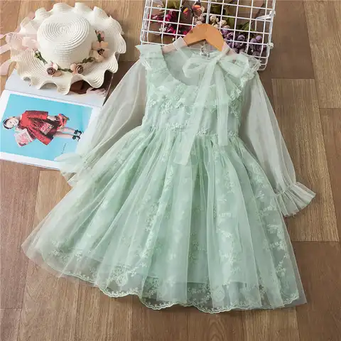 Мятно-зеленое платье для девочек, кружевная Тюлевая пачка принцессы, повседневная одежда, детские платья на день рождения для девочек, одеж...