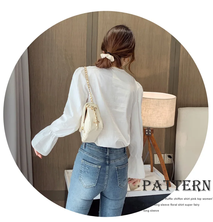 

Houthion Silk Women's Blouses Fashion Morning Color Chiffon Shirt New Korean Long Sleeve Top Loose Casual Lace Blouse Full