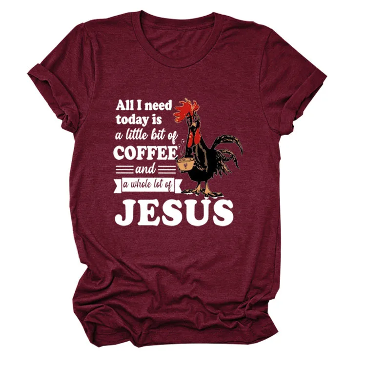 

Women T Shirt JESUS Coffee Chicken Print Tees Shirt Short Sleeve Crew Neck Loose Casual TShirt Ladies Tops Camisetas Mujer