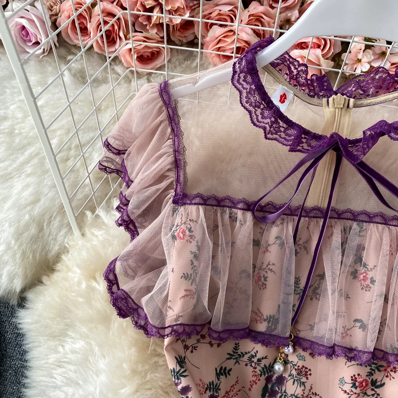 

New Style Ruffled Bow Ruffled Lace Pleated Dresses for Women 2021 Summer Elegant Slim Mesh Stitching Purple Midi Dress Female