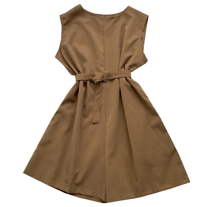 

2021 summer new style simple wild round neck waist tie sleeveless jumpsuit wide leg pants casual pants women