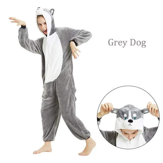 grey dog Animal Kigurumi Unicorn Pajamas Set Winter Warm Pyjamas Women Adult Unisex Stitch Panda Pijimas Hooded Women Sleepwear Nightwear - Цвет: grey dog