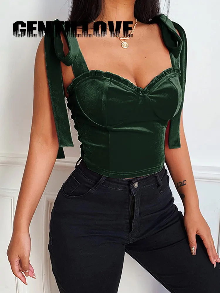 

Sexy Velvet Solid Color Women Corset Strap Wrap Backless Ruched Tank Top Chic Elegant Vintage Bustier Party Camis Aesthetic 2022