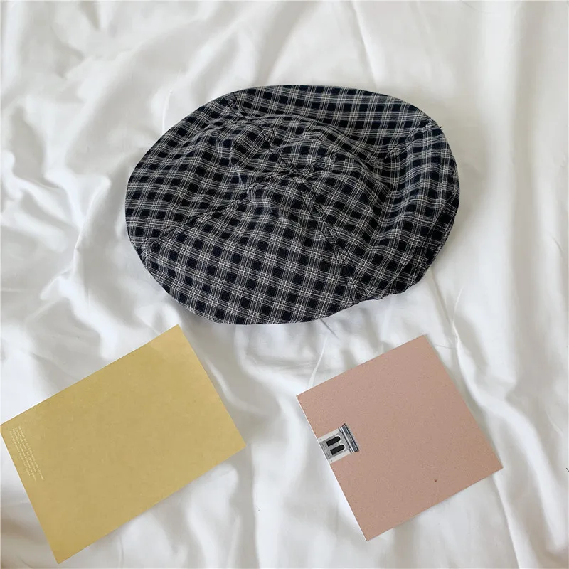 

Summer Thin Breathable Painter Japanese Hat Women's Retro Plaid Beret Korean Style Easy Matching Cute Girl Octagonal Cap