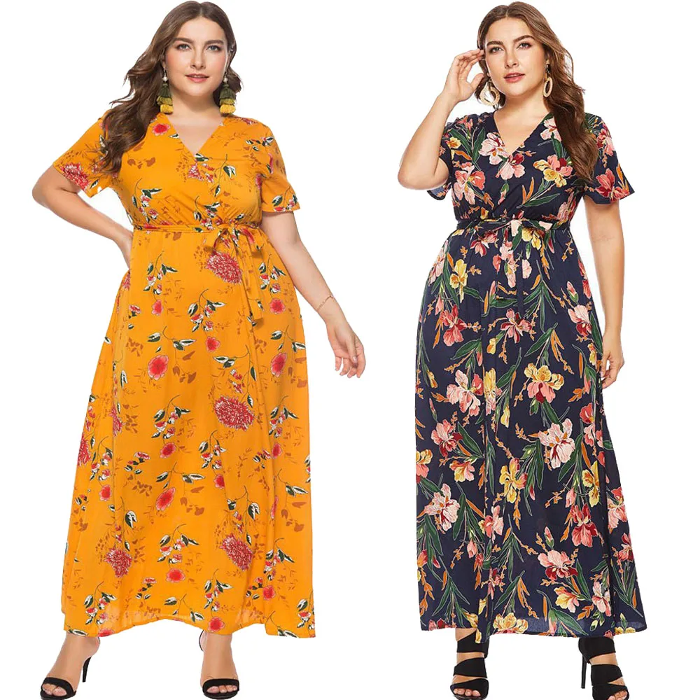 

Muslim Women Floral Print Long Dress Summer Short Sleeve Plus Size Casual Loose Arab Abaya V-neck Islamic Malaysia Morocco