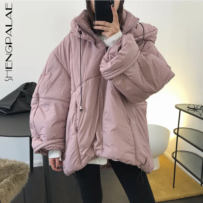 

SHENGPALAE Fashion Pink Cotton Padded Jacket Women's Winter 2021 New Hooded Loose Zipper Long Sleeve Thick Warm Parker Coat Tide