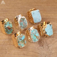 natural gold line turquoises stone slab beads open finger rings jewelry for women boho gold copper adjustable statement ring