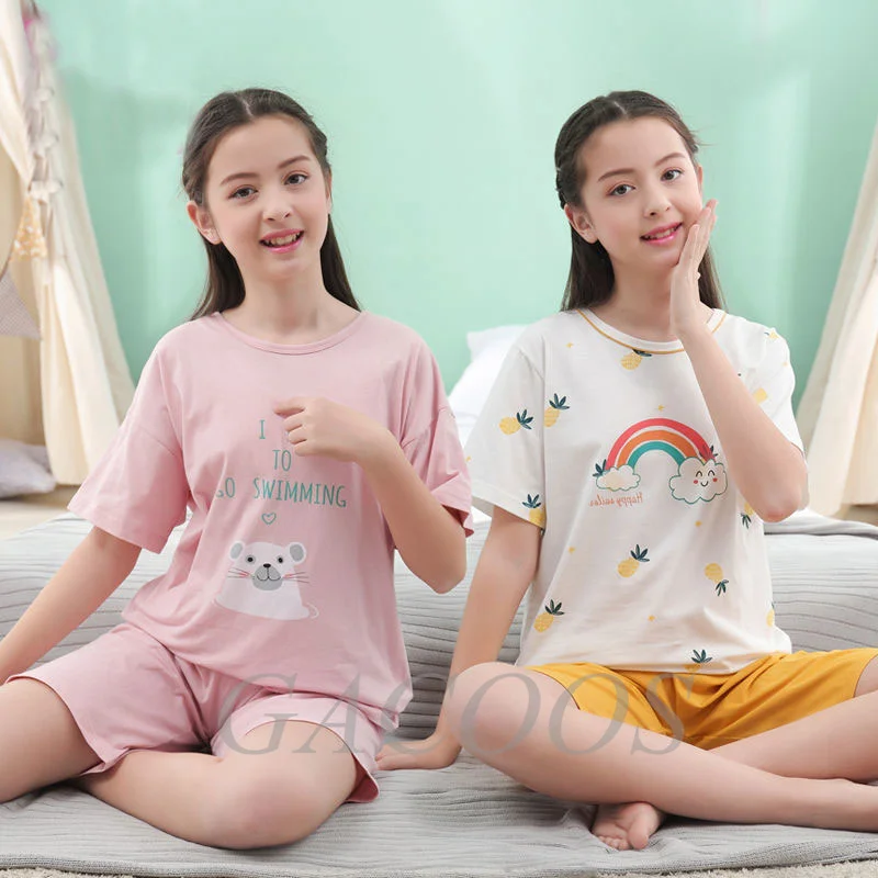 

Teen Girls Clothing Sets Cotton Children's Pajamas Nightwear Summer Cartoon Sleepwear Short Sleeves Pyjamas Kids Home Clothes