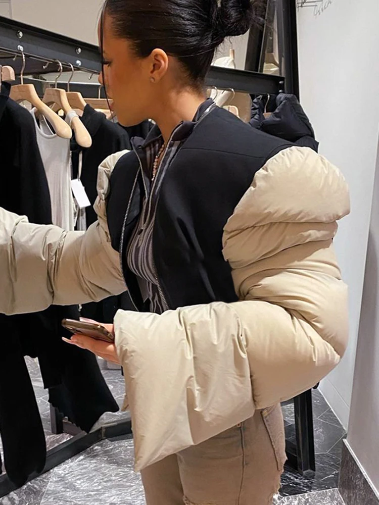 

Weird Puss Patchwork Women Crop Jacket Warmth Long Sleeve Zipper Parkas 2021 Winter Fashion Casual Wild Hot Streetwear Outfits