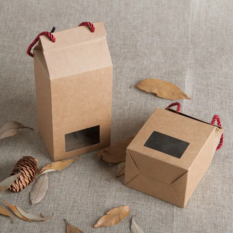 

10pcs Black Gift Box Handle Hand Poket with Cover Lid Thick Kraft Window Show Decor Package Box Kraft Paper Folding Flower Bag
