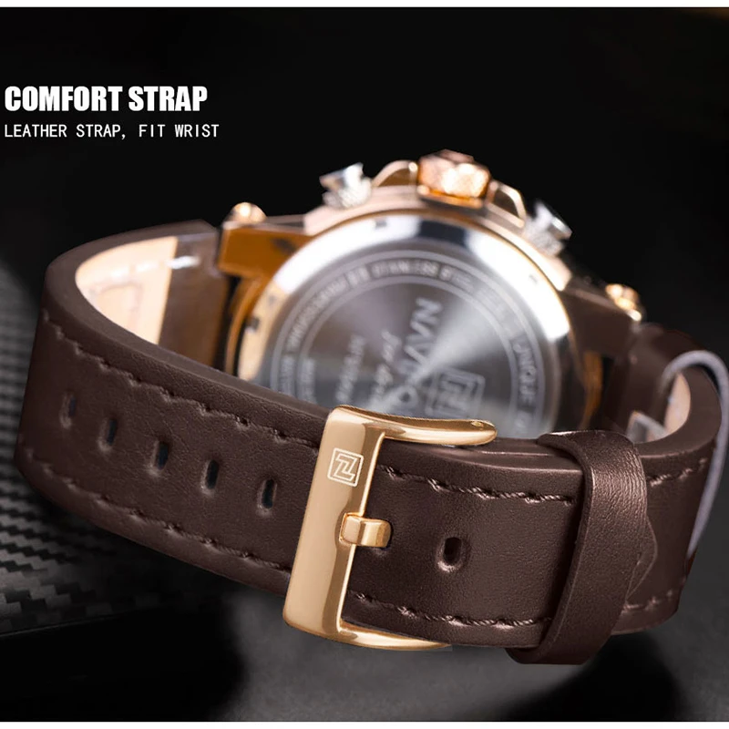 

NAVIFORCE Mens Wristwatches Clock Casual Fashion Dual Time Big Dials Luminous Leather Strap Chronograph Men Quartz Analog Watch