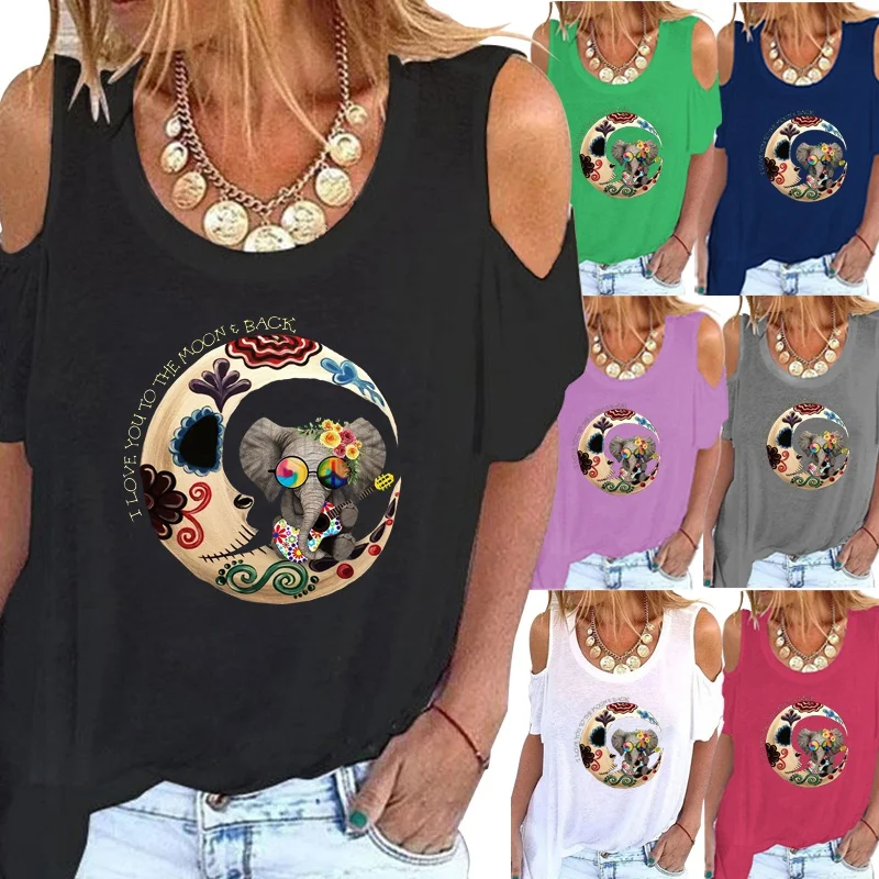 

Women's Summer Fashion Printed Round Neck Short Sleeve T-shirt Casual Off Shoulder Shirt Loose Solid Color Blouse Tops Plus Size