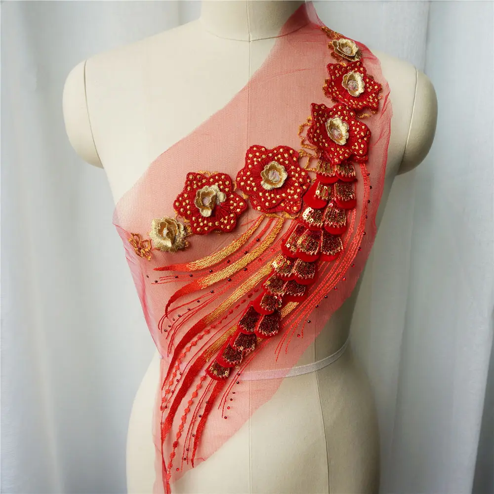 

Красная Цветочная кружевная ткань с блестками и кисточками, вышитая одежда с аппликацией и воротником, сетчатая нашивка для свадебного укр...