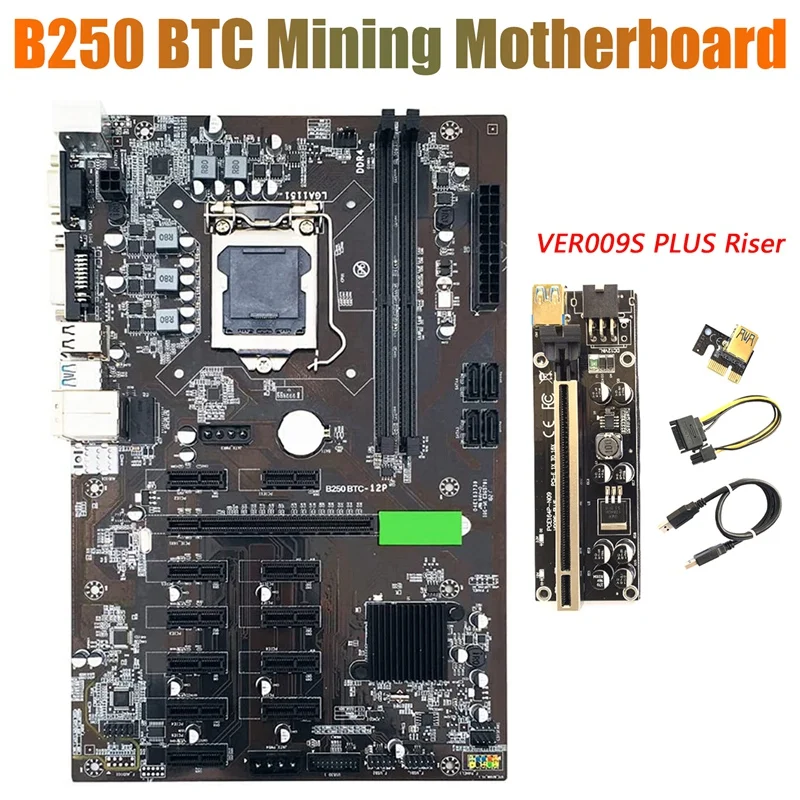 

B250 BTC Mining Motherboard with VER009S PLUS Riser 12XGraphics Card Slot LGA 1151 DDR4 SATA3.0 USB3.0 for BTC Miner
