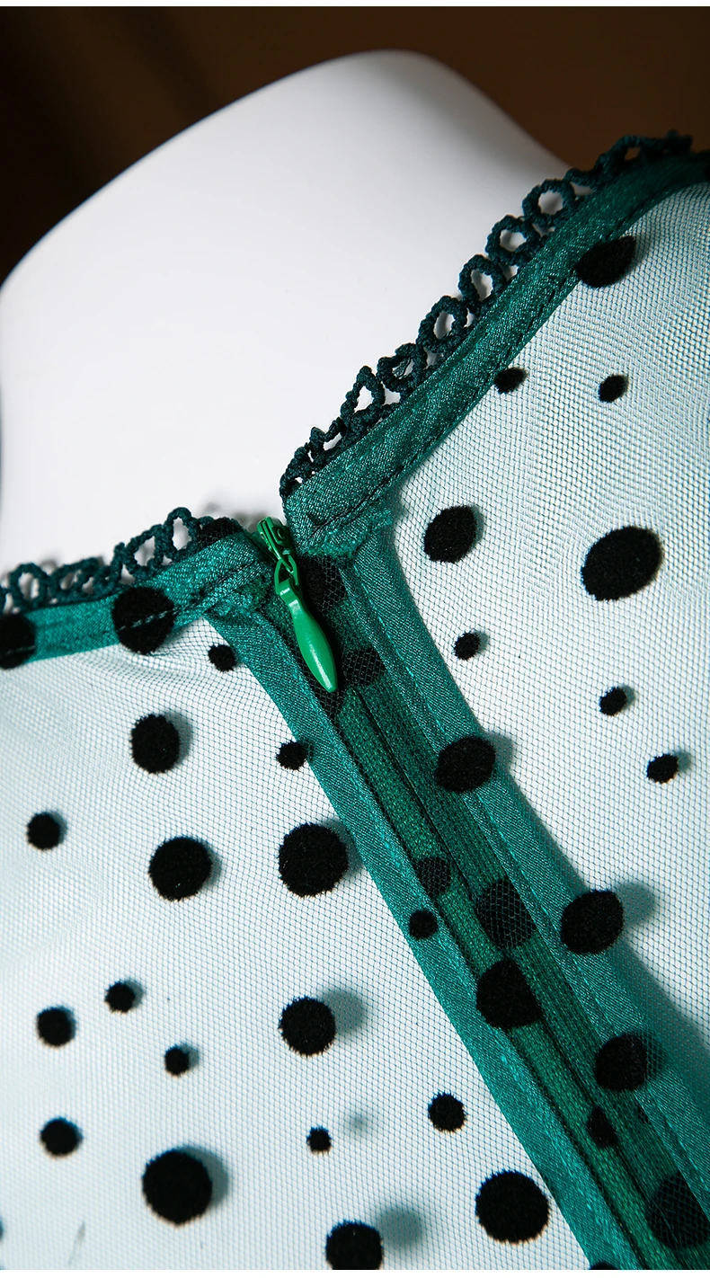 

Top Quality New 2020 Summer Green Lace Long Dress Women Polka Dot Print Sexy Tulle Mesh Patchwork Short Sleeve Maxi Dress Ankle