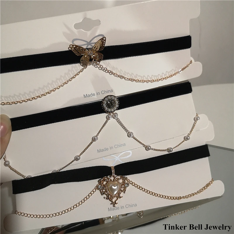 

2022 Vintage Gothic Black Velvet Love Heart Butterfly Pendant Pearls Short Chain Choker Collar Necklace For Women Girls Gifts
